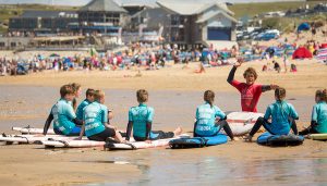 Group surf lessons at fistral beach